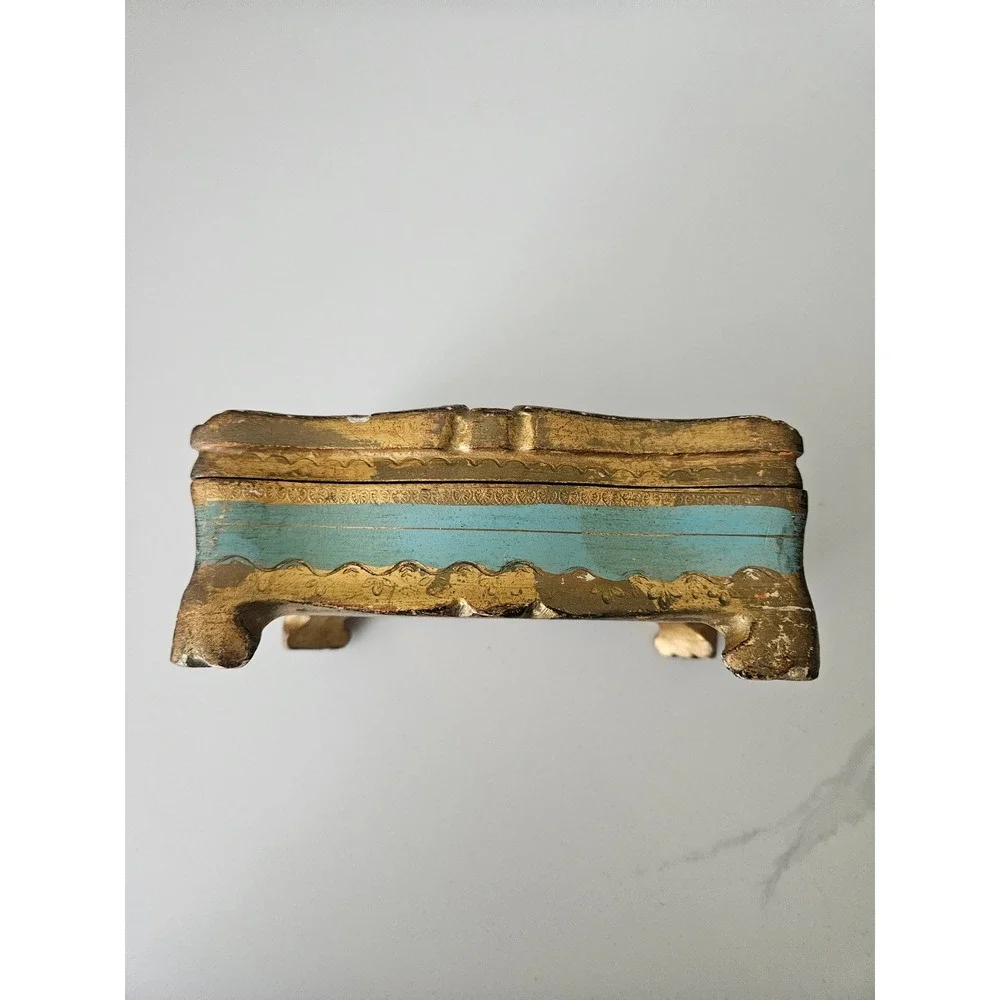 Florentine Jewelry Box Women OS Turquoise Gold Good Italian Wood Gilt Footed VTG - Picture 7 of 8